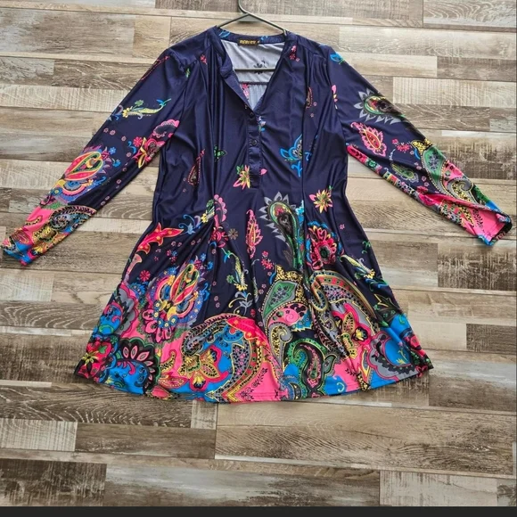Reborn Navy and Pink Paisley Long Sleeve Dress - Picture 1 of 5